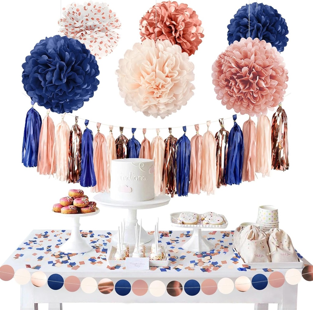 Auction Lot - 11 x AOBKIAT 28PCS Rose Gold and Navy Blue Tissue Paper Pom Poms, Paper Garland & Hanging Tassels