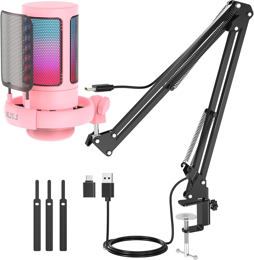 NJSJ USB Gaming Microphone Kit for PC, RGB Condenser Microphone Podcast Mic with Monitoring